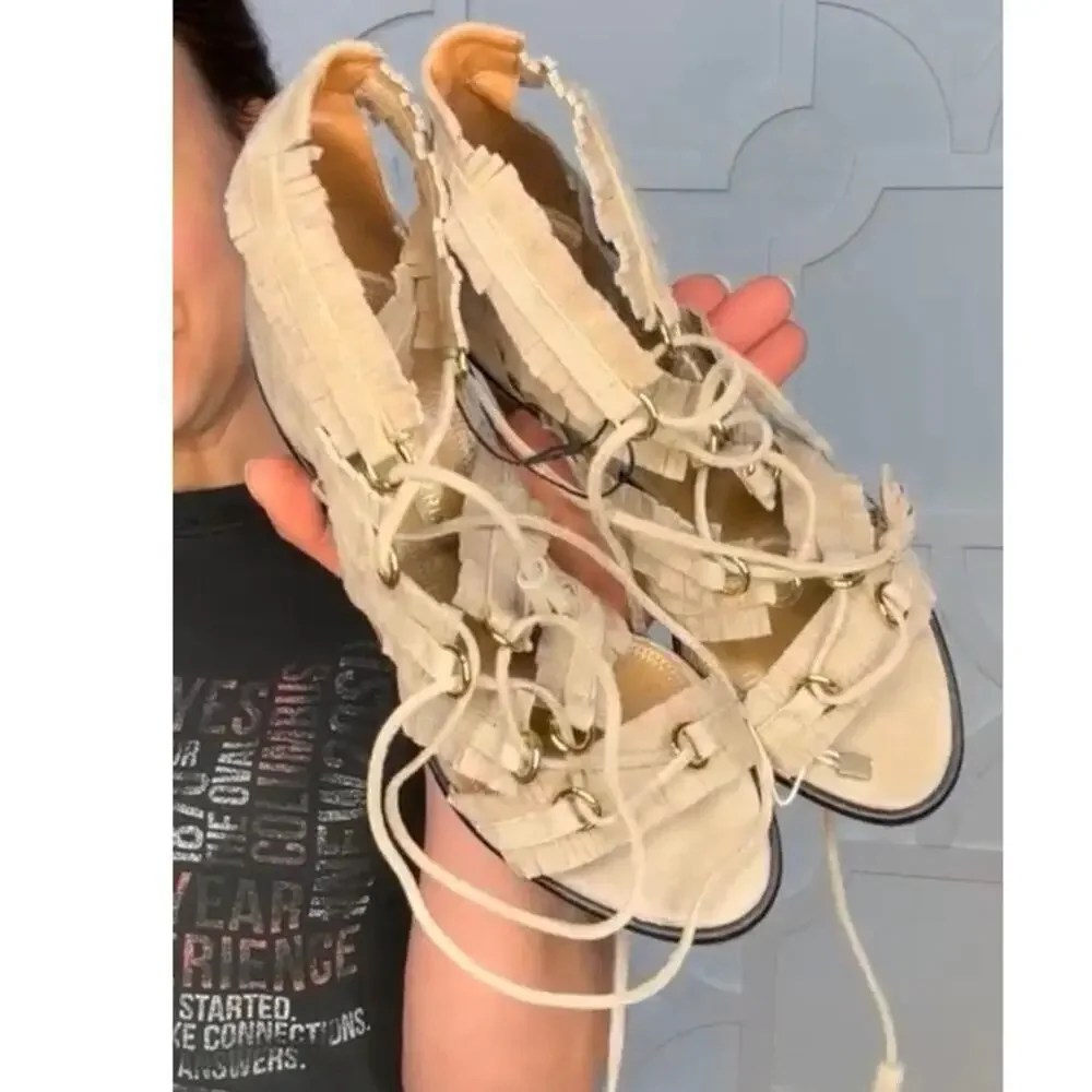 BCBGMAXAZRIA Gladiator Sandals Lace Up Tassel Suede Heels US 6.5 / Euro 36.5 New
